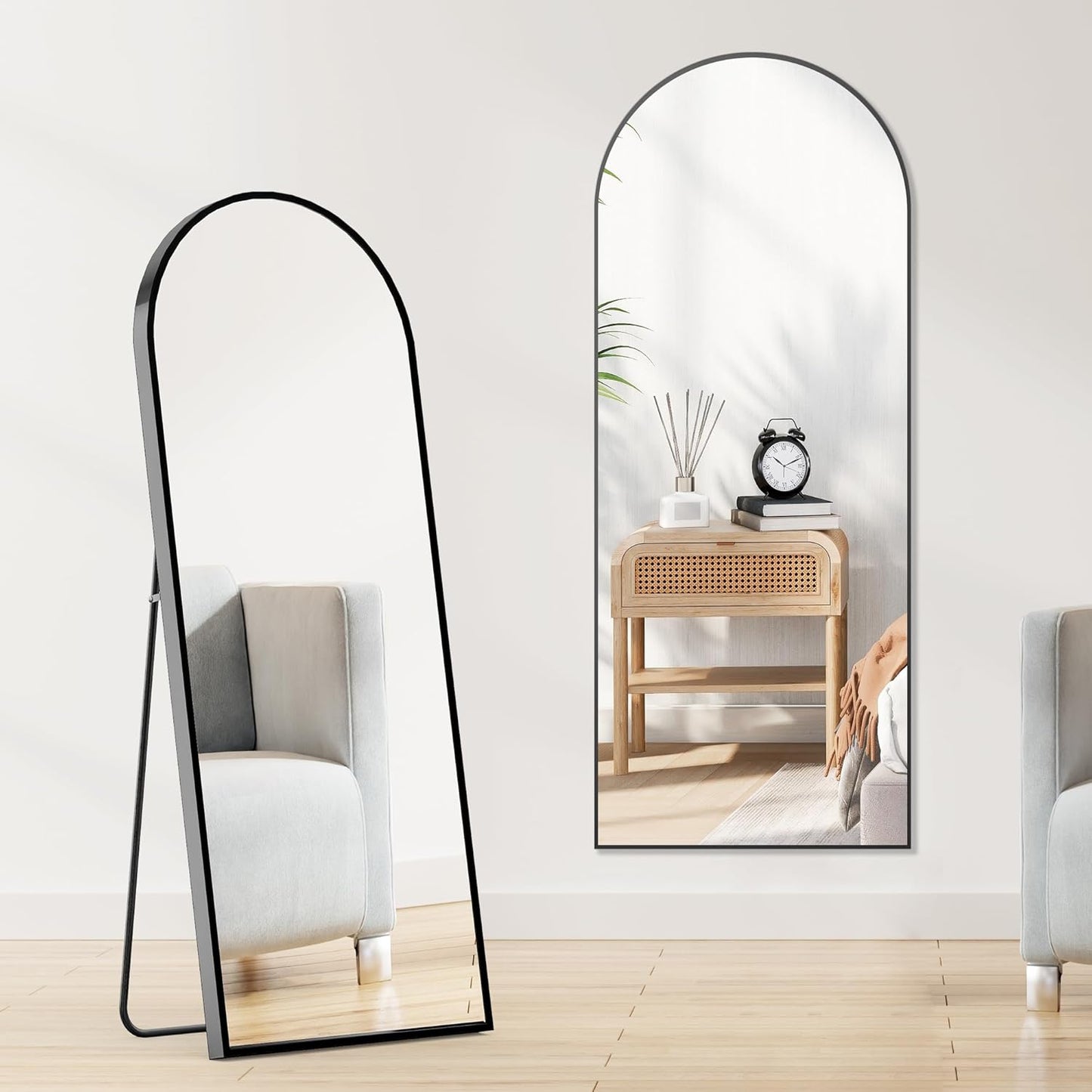 64"X21" Arched Full Length Mirror, Standing or Leaning Full Body Mirror with Aluminum Alloy Thin Frame, Suitable for Bedroom or Cloakroom,Black