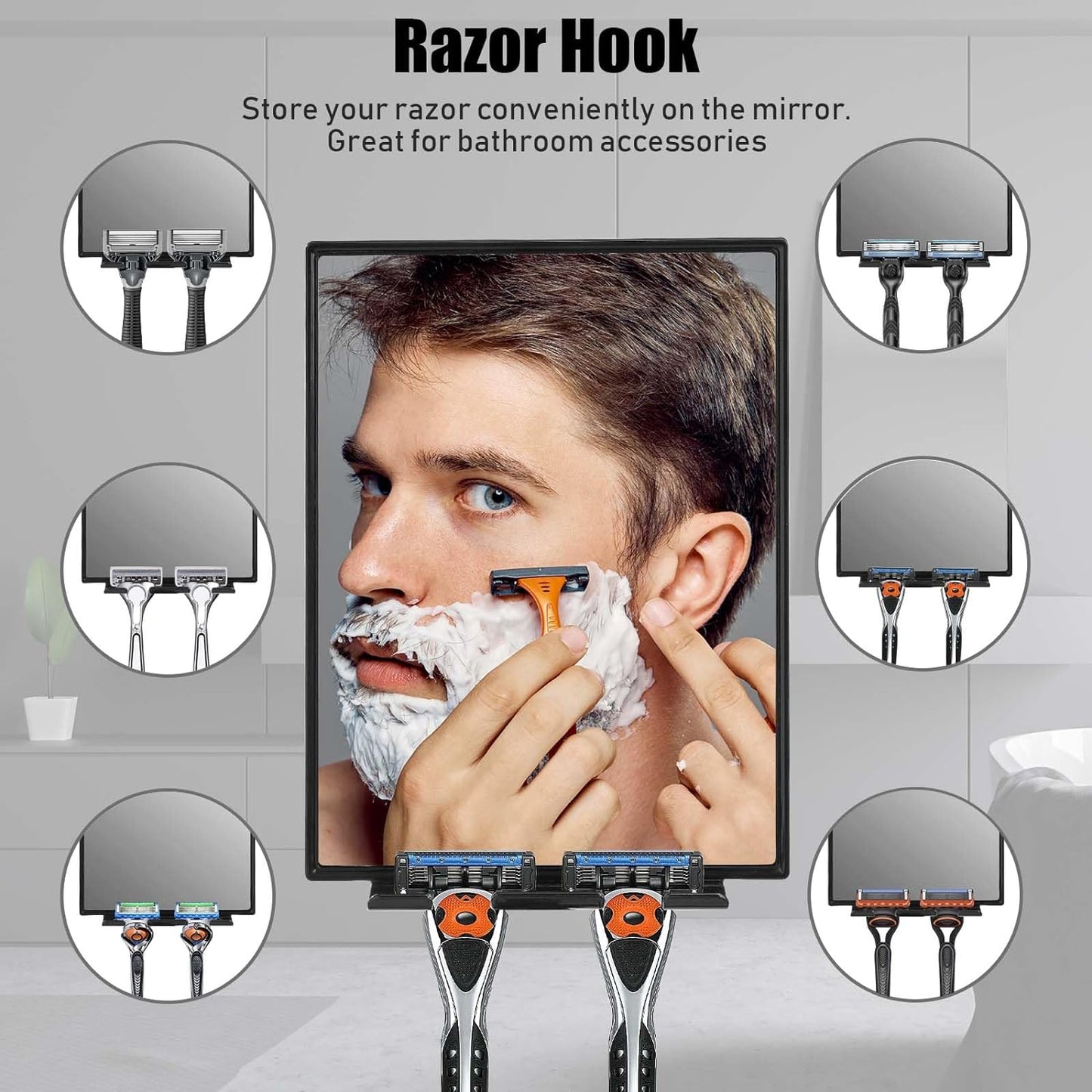 Shower Mirror for Shaving with 2 Replaceable Adhesive - Two Razor Holder, 360°Rotation Adjustable Shaving Mirror with a Squeegee, Bathroom Razor Holder