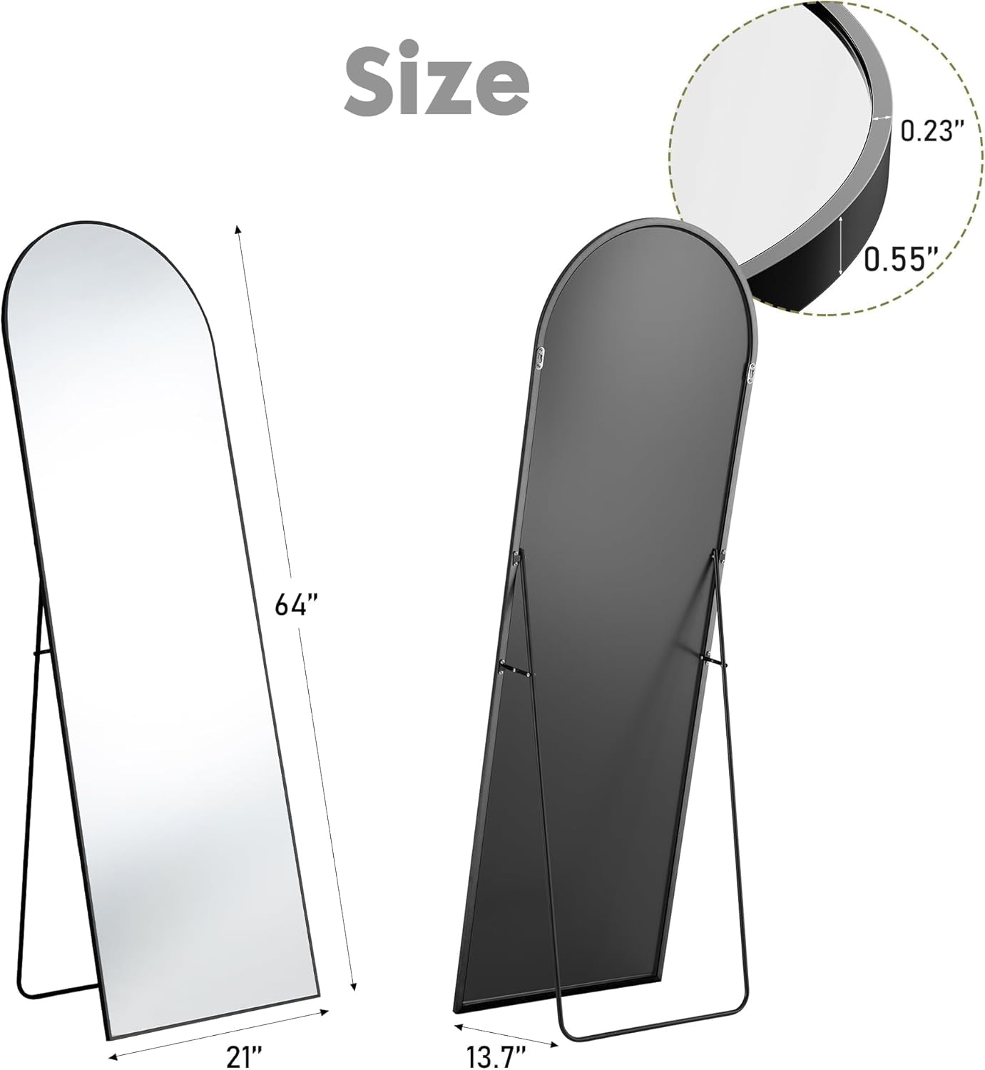 64"X21" Arched Full Length Mirror, Standing or Leaning Full Body Mirror with Aluminum Alloy Thin Frame, Suitable for Bedroom or Cloakroom,Black