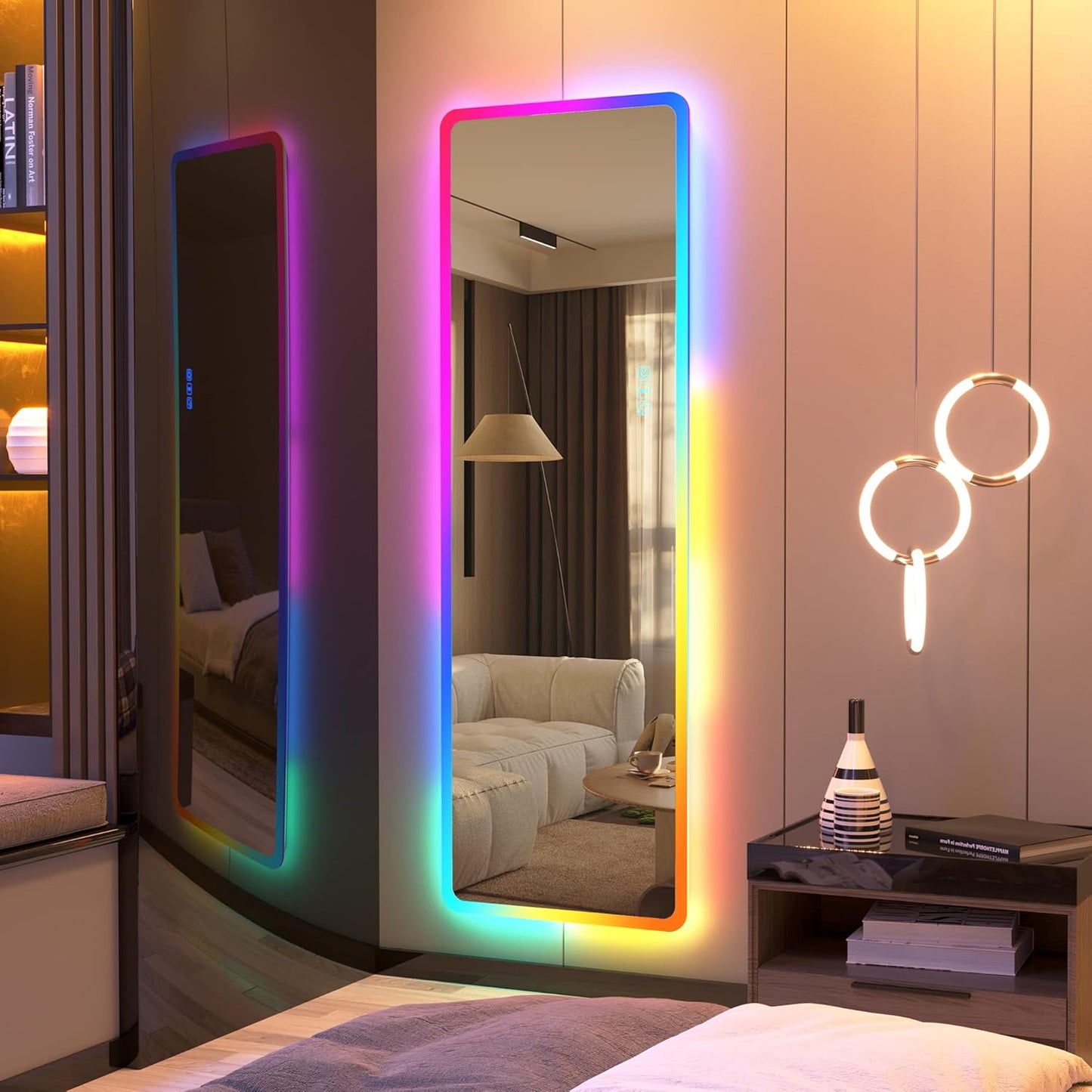 LED RGB Full Length Mirror, Full Body Mirror with Lights, Wall Mounted Lighted Mirror, over the Door Hanging Mirror, 14 LED Light + Dimmable Brightness + Adjustable Speed, 47" X 16"