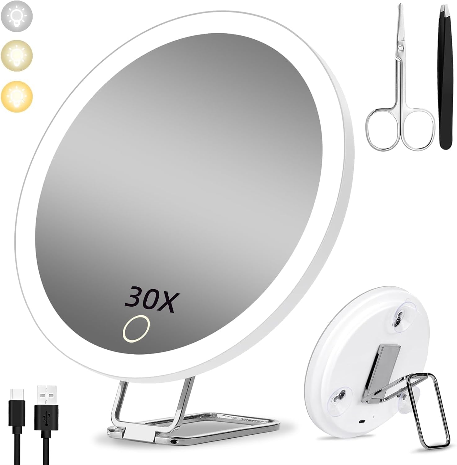 Magnifying Mirror with Light 30X, Large 6" Rechargeable 3 Colors Modes Dimming Lighted Makeup Mirror with 30X Magnification, LED Travel Magnified Mirror with 3 Suction Cups and 360° Table Stand