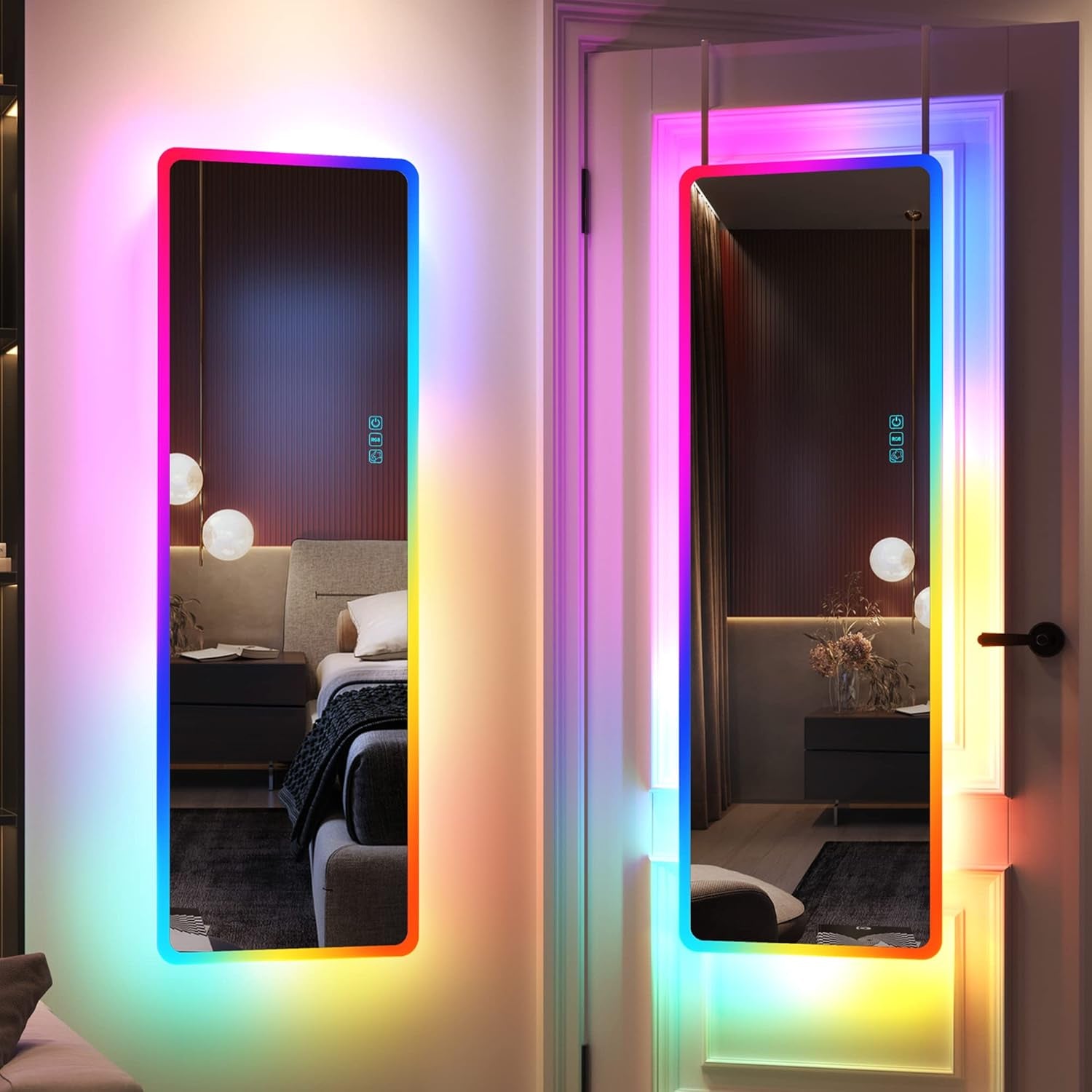 LED RGB Full Length Mirror, Full Body Mirror with Lights, Wall Mounted Lighted Mirror, over the Door Hanging Mirror, 14 LED Light + Dimmable Brightness + Adjustable Speed, 47" X 16"