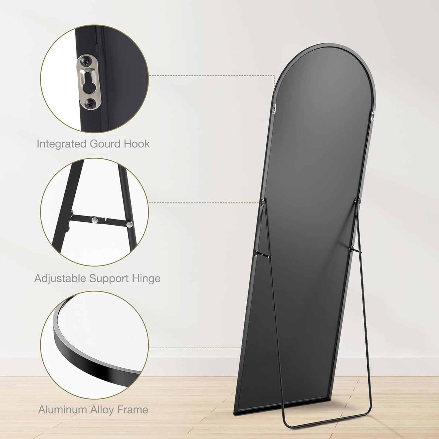 64"X21" Arched Full Length Mirror, Standing or Leaning Full Body Mirror with Aluminum Alloy Thin Frame, Suitable for Bedroom or Cloakroom,Black