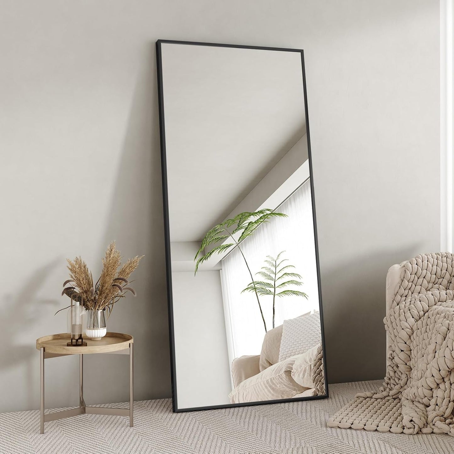 71" X 32" Full Length Mirror with Stand – Oversized Floor Mirror, Shatterproof Tempered Glass, Slim Aluminum Frame, Home Decor, Black