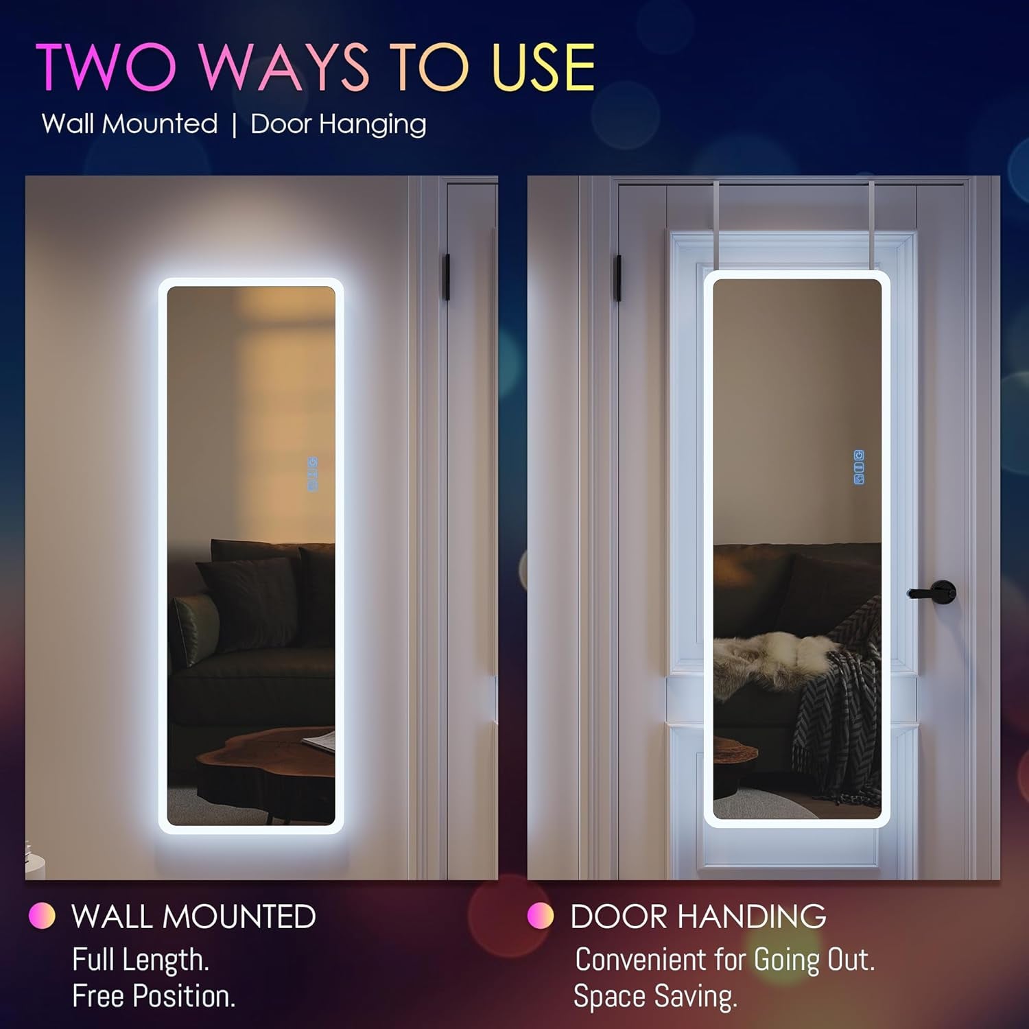 LED RGB Full Length Mirror, Full Body Mirror with Lights, Wall Mounted Lighted Mirror, over the Door Hanging Mirror, 14 LED Light + Dimmable Brightness + Adjustable Speed, 47" X 16"