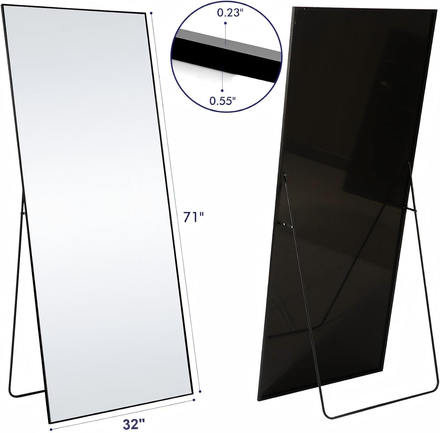 71" X 32" Full Length Mirror with Stand – Oversized Floor Mirror, Shatterproof Tempered Glass, Slim Aluminum Frame, Home Decor, Black