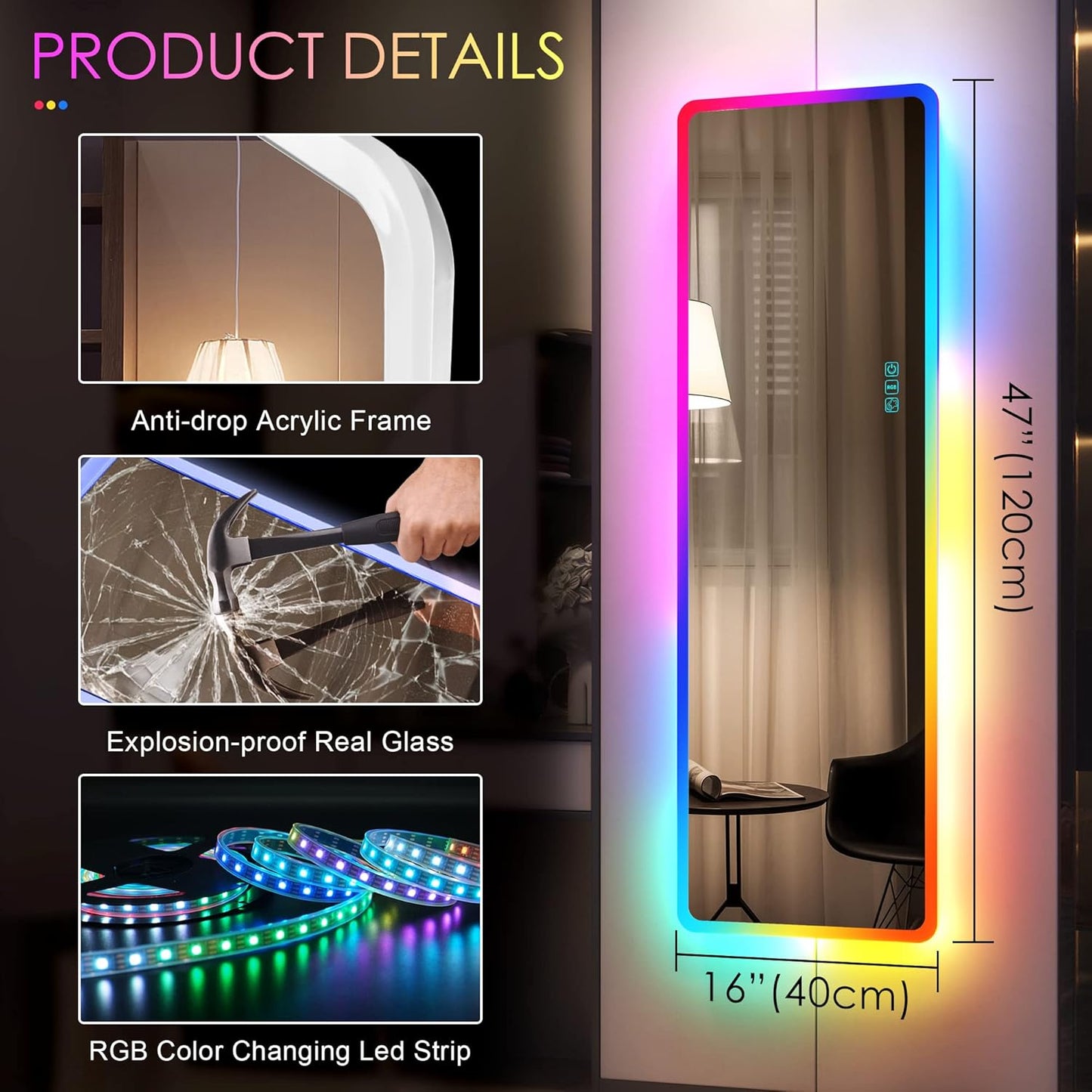 LED RGB Full Length Mirror, Full Body Mirror with Lights, Wall Mounted Lighted Mirror, over the Door Hanging Mirror, 14 LED Light + Dimmable Brightness + Adjustable Speed, 47" X 16"