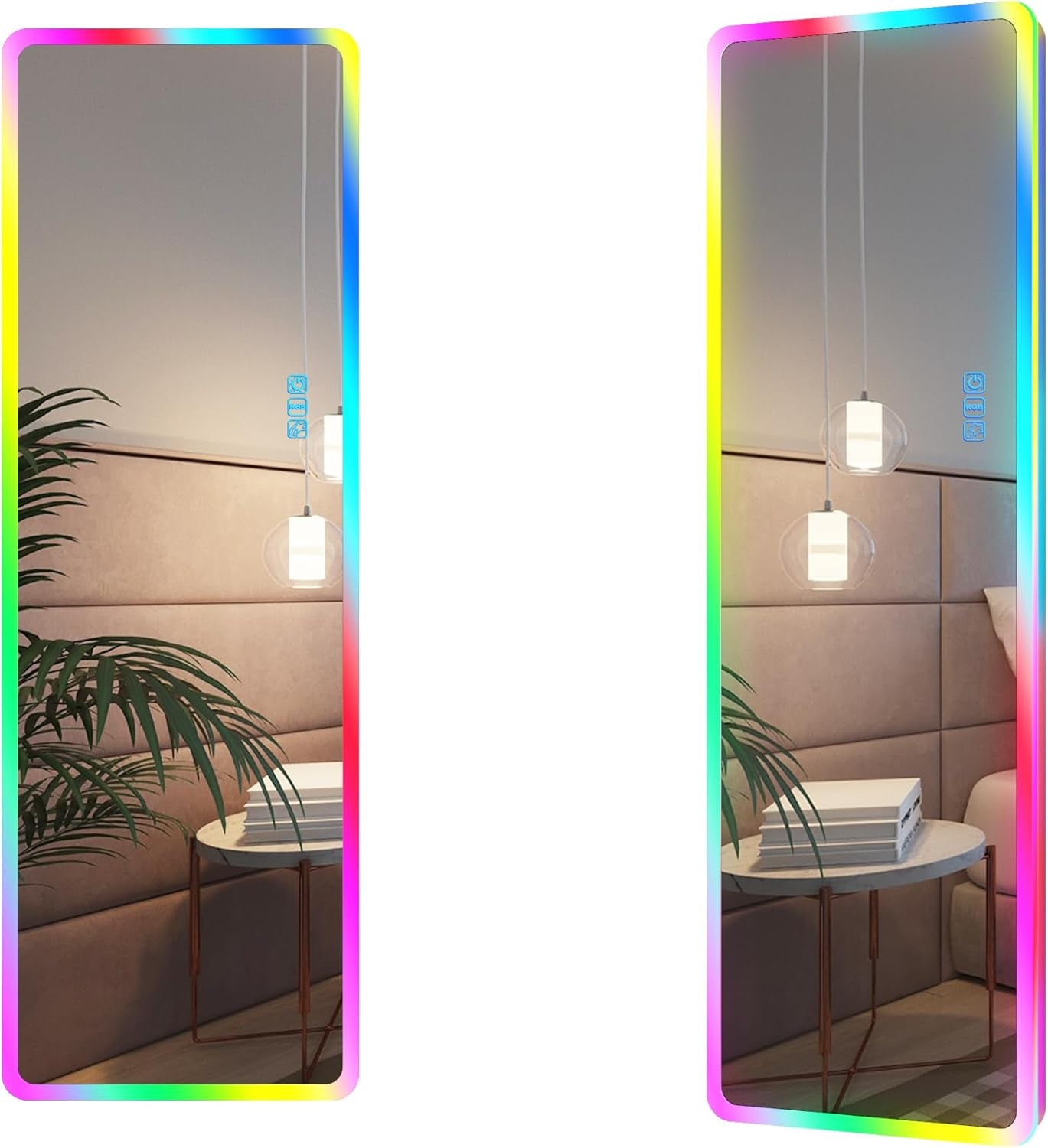 LED RGB Full Length Mirror, Full Body Mirror with Lights, Wall Mounted Lighted Mirror, over the Door Hanging Mirror, 14 LED Light + Dimmable Brightness + Adjustable Speed, 47" X 16"