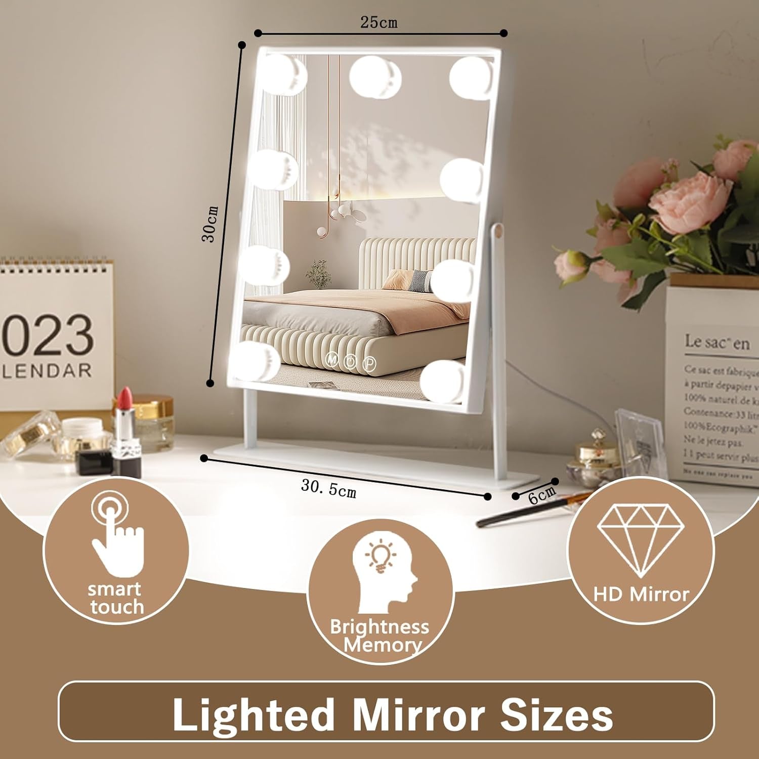 Vanity Mirror with Lights Lighted Makeup Mirror with 9 LED Bulbs Plug in Light up Makeup Mirror with Lights 360 Rotation with 10X Magnifying Mirror Tabletop