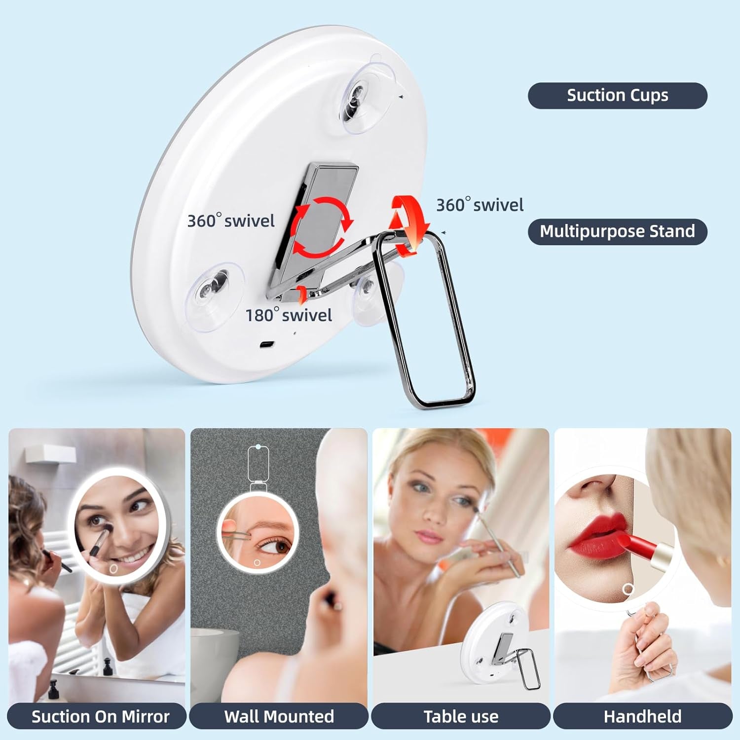 Magnifying Mirror with Light 30X, Large 6" Rechargeable 3 Colors Modes Dimming Lighted Makeup Mirror with 30X Magnification, LED Travel Magnified Mirror with 3 Suction Cups and 360° Table Stand