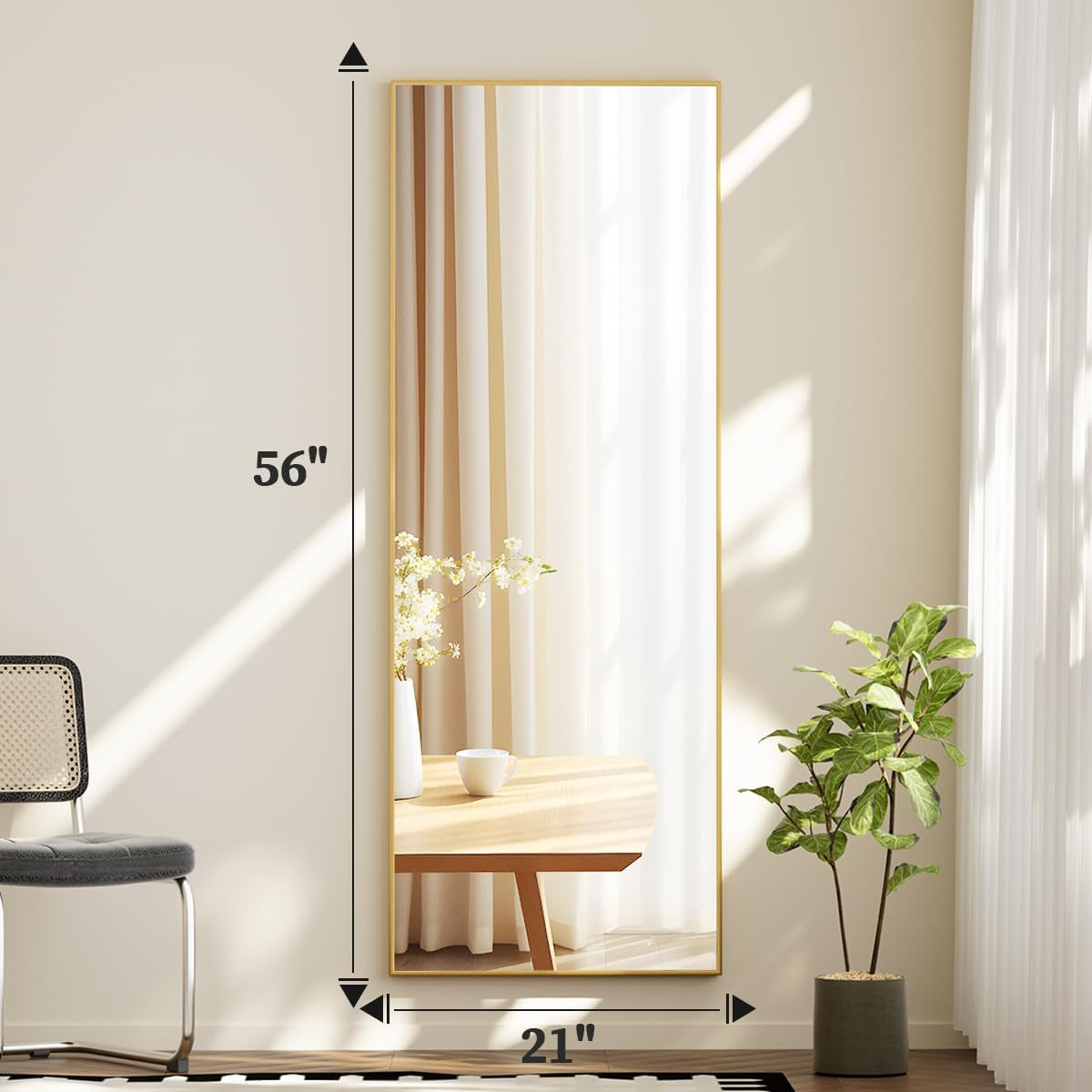 Full Length Mirror with Stand, 56"X21" Floor Mirror with Aluminum Alloy Thin Frame, Shattervue Tempered Full Body Mirrors, Free Standing or Wall-Mounted Mirrors for Living Room, Gold